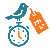 Vector image of bird holding clock with the dates 2/24 - 3/7 highlighted