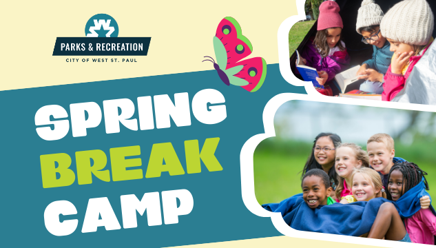 Advertisement for Spring Break Camp, image collage of kids playing outside