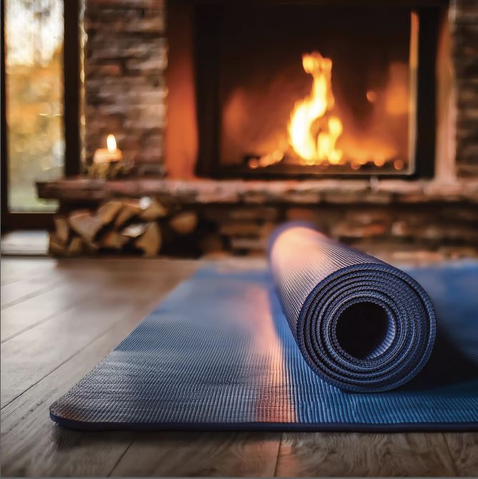Image of yoga mat by fireplace