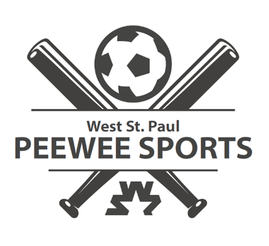 Peewee Sports Logo displays soccer ball and baseball bats