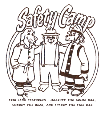 Old safety camp logo with McGruff the Crime Dog, Smokey the Bear, and Sparky the Fire Dog