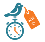 Icon of bird holding clock with a note that says \"save $3\"